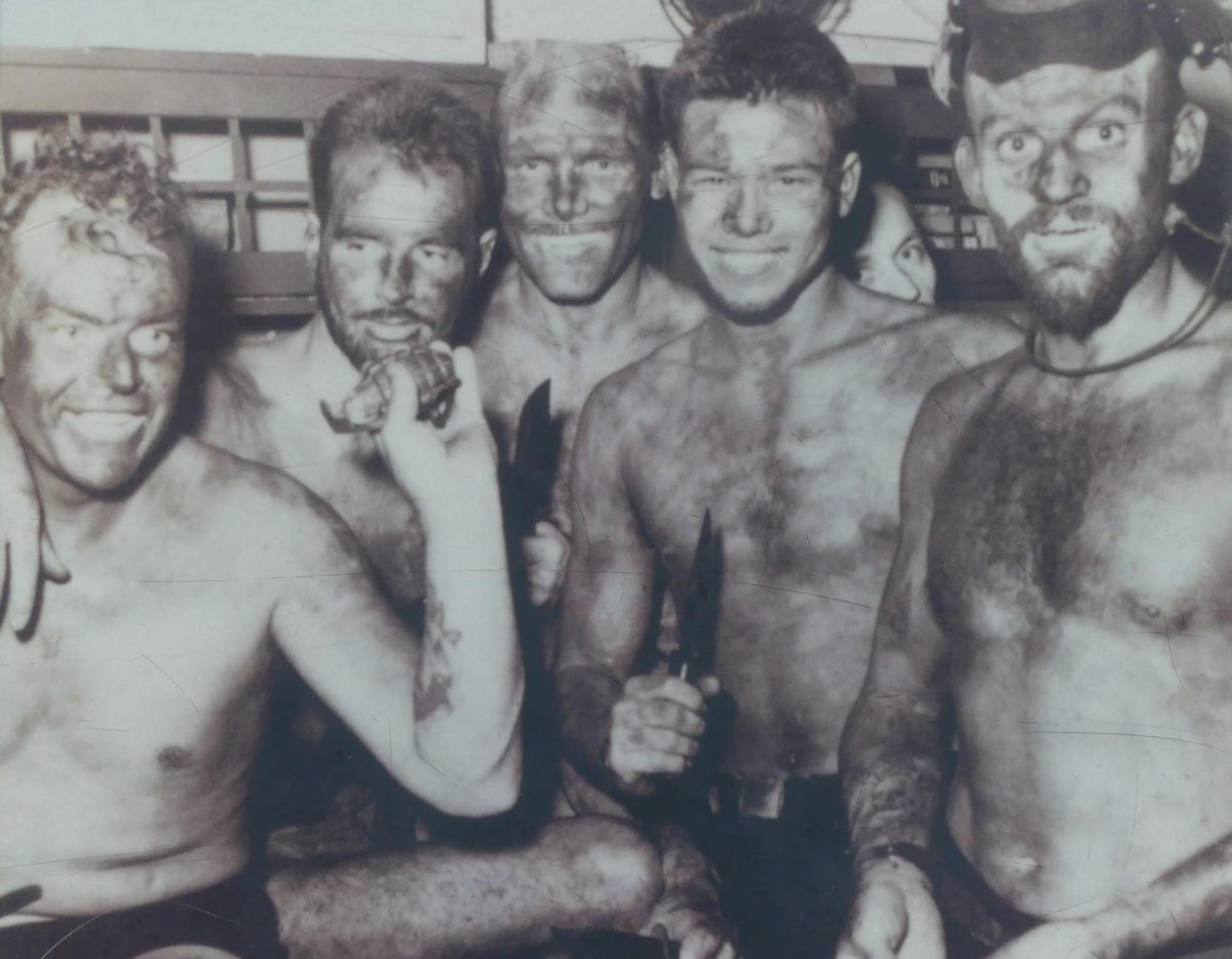 Nicknamed the "Naked Warriors" these Navy Seals were outfitted with only a knife, shorts, swim fins, a dive mask, a pencil, and a slate board - yet they accomplished many missions to secure enemy beaches for Allied landings during WWII. The title image is a photo of the photograph on the Naked Warrior display. A Naked Warrior statue is currently displayed at all Navy Special Warfare training sites.